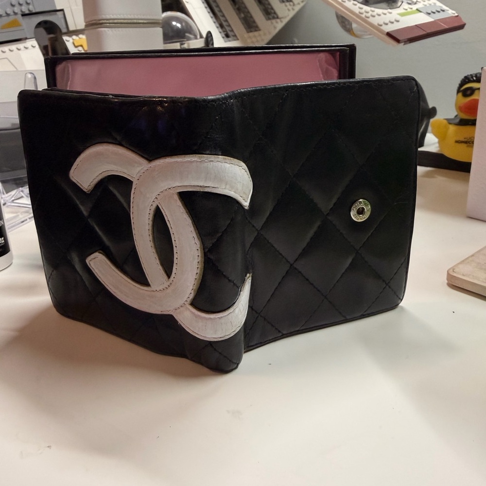 Vintage Chanel Black Cambon Quilted Leather Wallet with White CC Applique